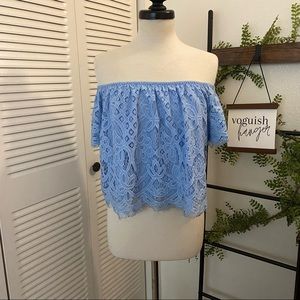 Express|M|Baby Blue Off Shoulder Sleeve Lace Crop Top